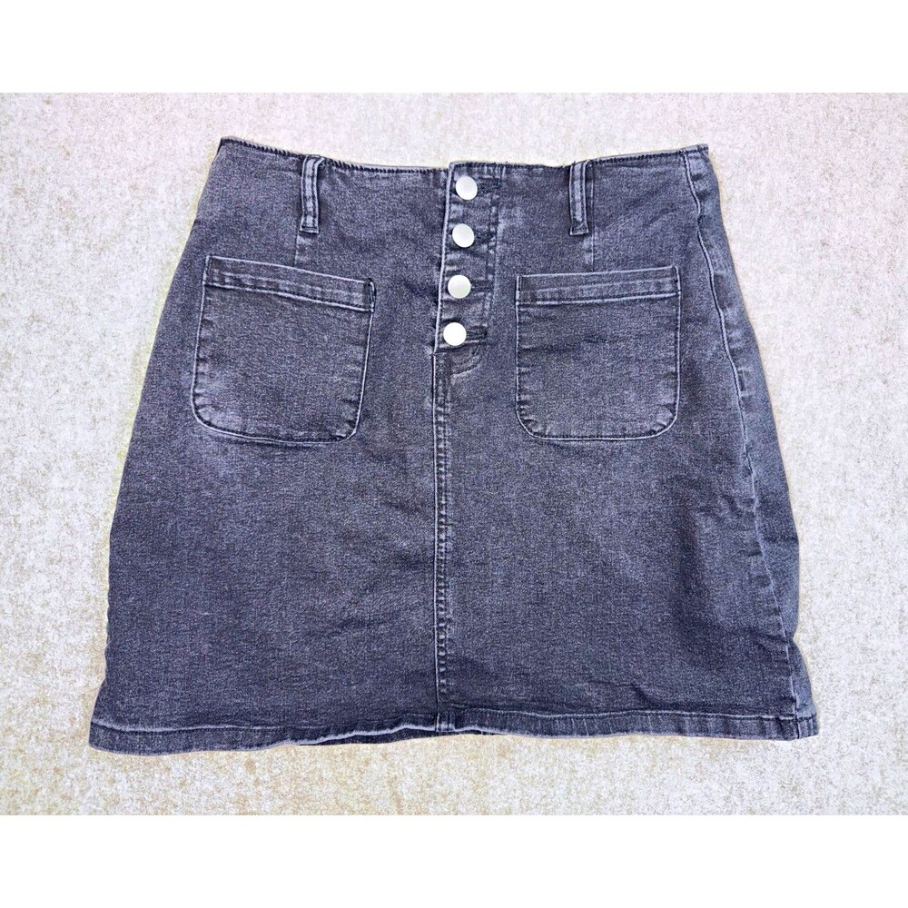 Sidefeel Womens Size M Black Denim A-Line Short Skirt Button Front Pockets